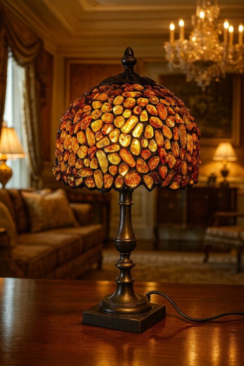 Luxurious handmade amber table lamp inlaid with natural amber pieces